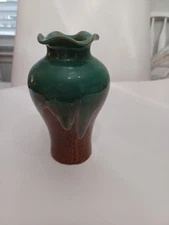 Vintage Studio Pottery Arts and Crafts Style Vase Nice Glaze Ruffled Rim.   EUC 