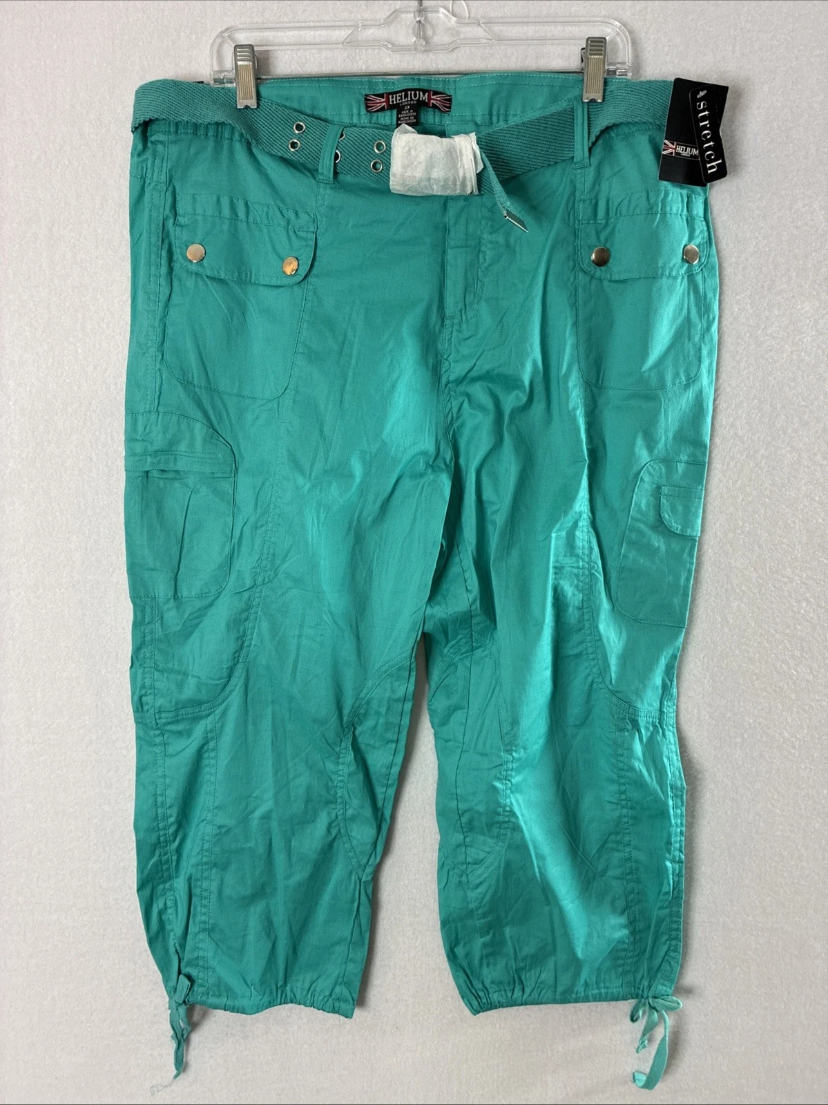NWT Helium London Women’s Pants Size 2XL Teal Cargo Capri Belt Drawstrings Y2K