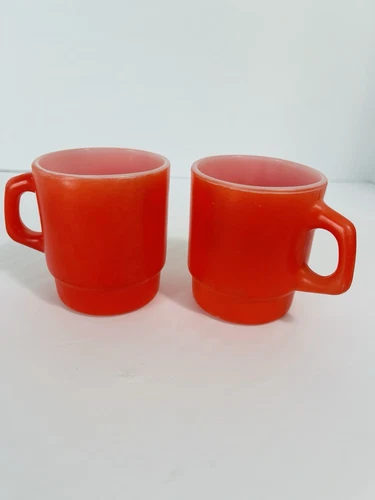 VTG Anchor Hocking Fire King Red Stackable Coffee Cup Mugs~ D Handle~ USA Made