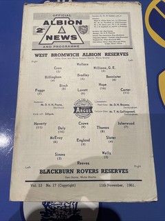 West Bromwich Albion Reserves V Blackburn Rovers Reserves 1961/62