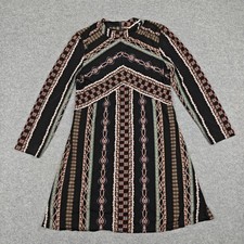 Free People Dress Womens Large Black Geometric Fit Flare Long Sleeve Short