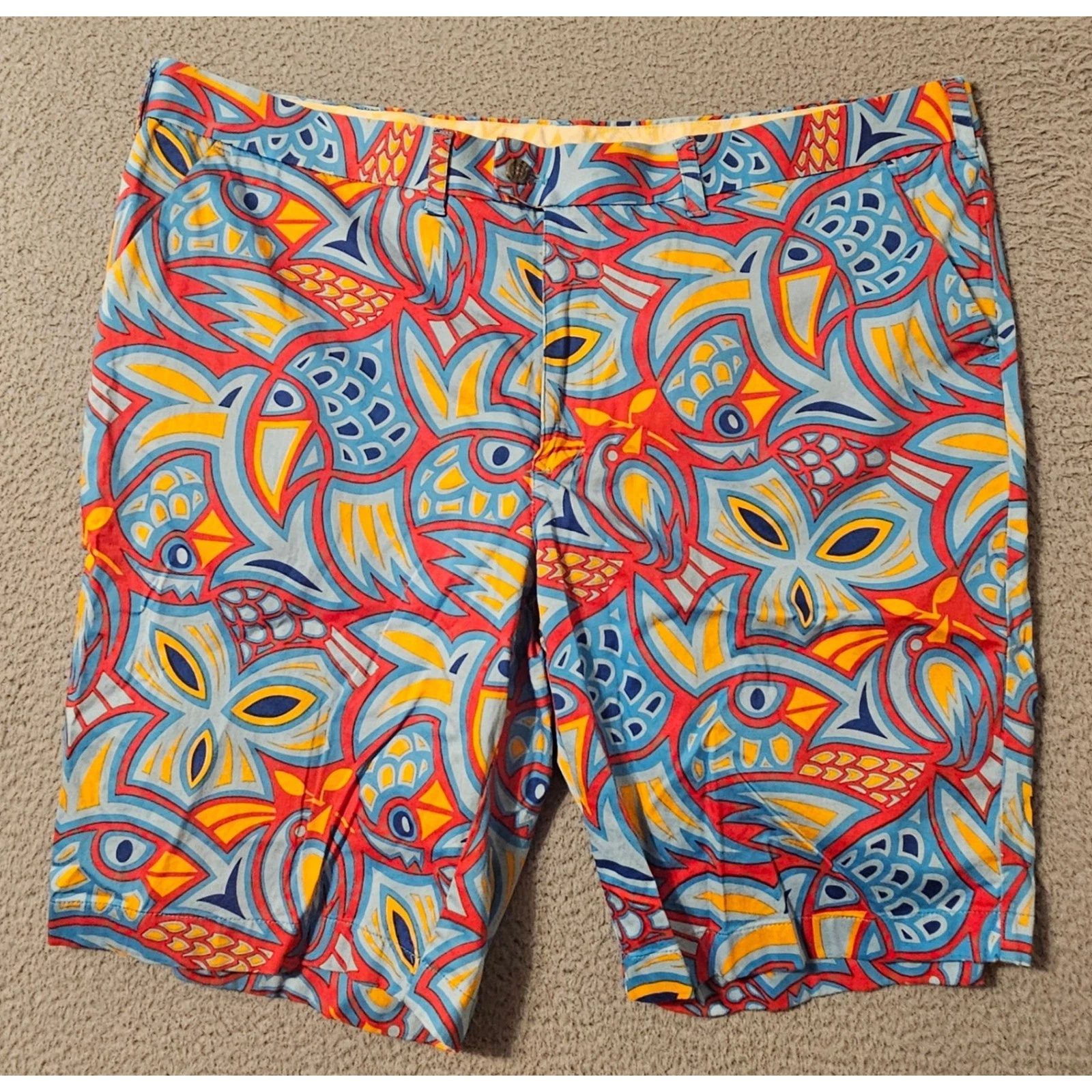 Loudmouth Golf Shorts Mens 44 Blue Red Yellow Geometric Print Stretch Cotton