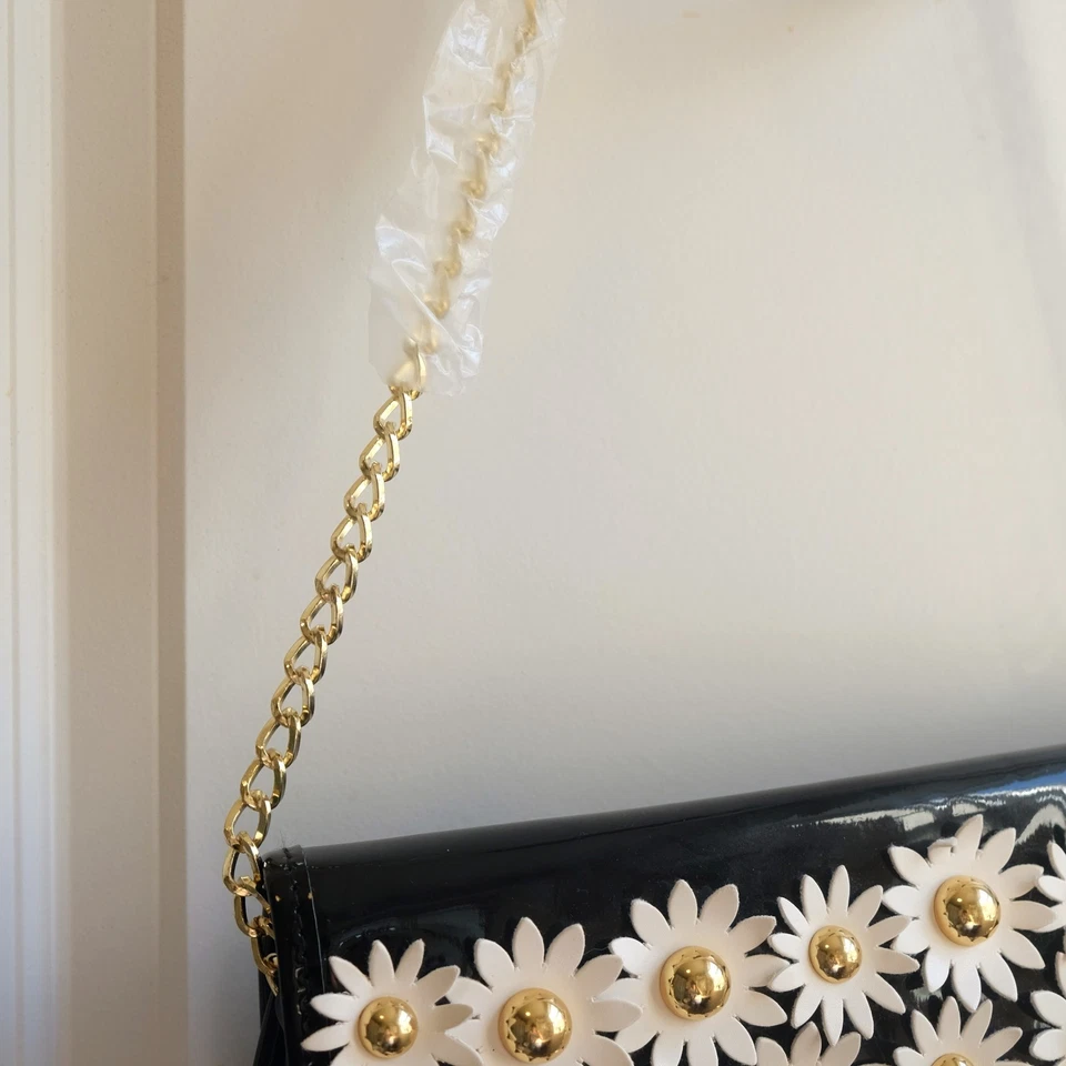 Lulu Guinness 3D Daisy Crossbody Purse Black with White Flowers Gold Metal Chain - Image 3 of 4