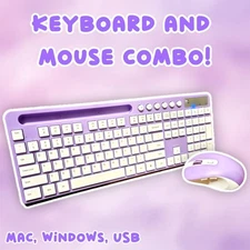 Cute Pastel Purple & White 2.4GHz Wireless Keyboard And Mouse Combo