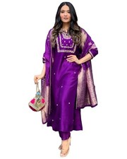 GoSriKi Women's Silk Blend Straight Embroidered Kurta with Pant  Dupatta MA...