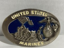 Vintage 3D United States Marines Heavy Metal/Pewter Belt Buckle Blue Back Ground