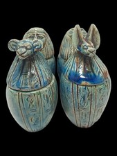 UNIQUE ANTIQUE ANCIENT EGYPTIAN Statue Set 4 Canopic Jars Magic Hieroglyphic