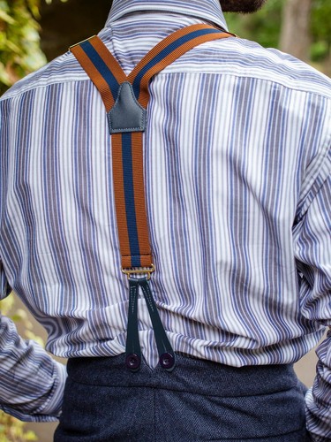 1940s Vintage Style Navy & Rust Stripe Button Trouser Braces Real Leather - Picture 4 of 6