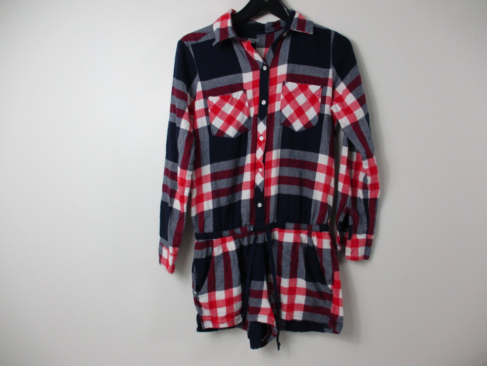 Aerie Womens White Plaid Flannel Romper with Button Up Shorts and Drawstring Waist-image