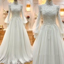 White Muslim Wedding Dresses Long Sleeves High Neck Lace A Line Bridal Gowns