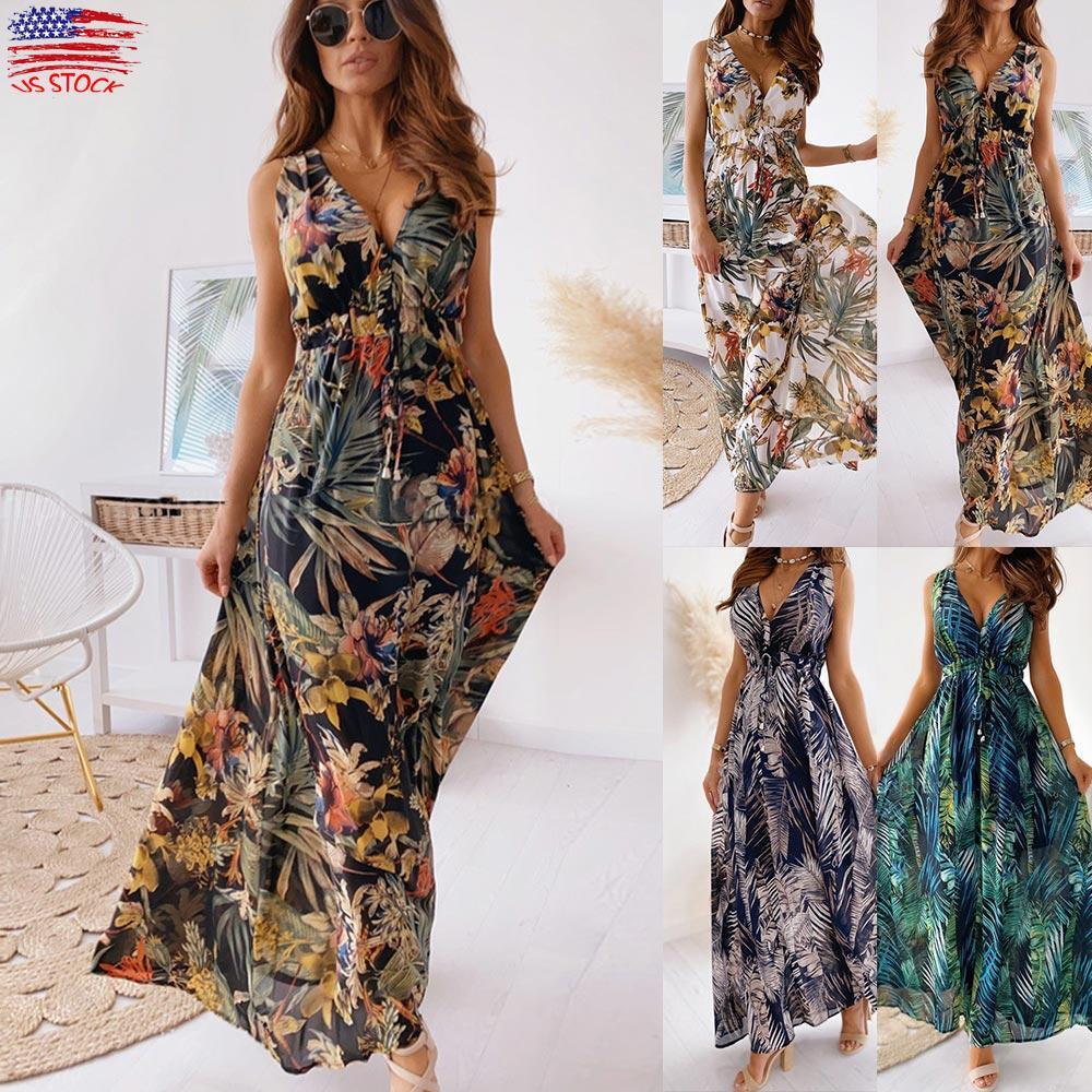 Womens Floral Summer Boho Long Maxi Dress Ladies Sexy V Neck Holiday  Sundress US | eBay