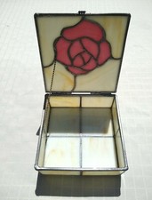 Stained Glass Jewelry Trinket Box Hinged w Chain Vintage Rose Design 5-1/2  sq
