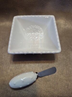 Dotted White Small Dip Bowl/Serving Piece With Embossed Tree Mainstreet MSC 5x5