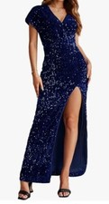 NWT Berry Go Women Sexy Sequins Navy Evening Long Dress High Slit size S
