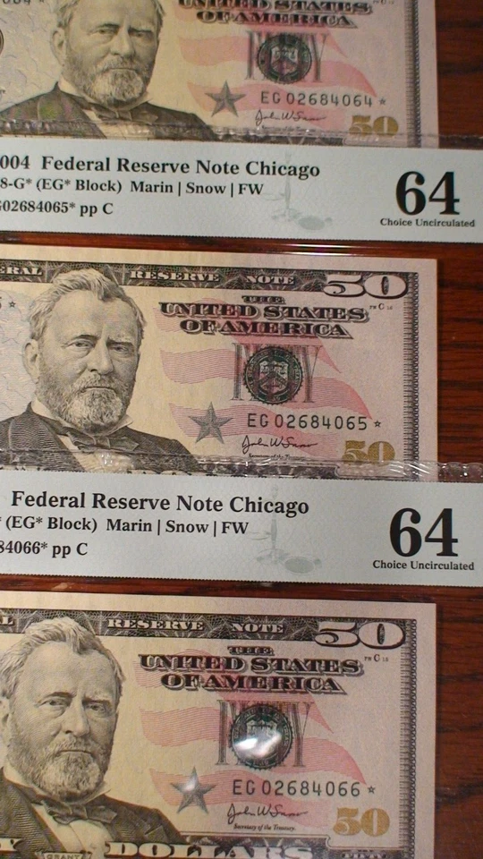 3 CONSECUTIVE PMG CH UNC 64 2004 CHICAGO FIFTY DOLLAR *STAR* NOTES $50.00 Bills - Image 2 of 4