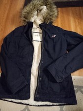 Hollister Womens Navy Blue Sherpa Lined Faux Fur Parka Size Large
