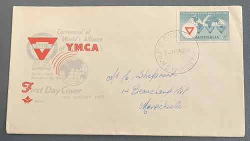 Australian FDC Royal 1955 Centennial of World’s Alliance Of Y.M.C.A.