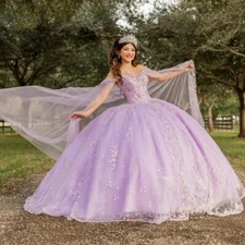 Lilac Quinceanera Dresses Shiny Lace Applique with Cape Prom Ball Gowns Sweet 16