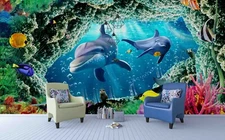 3D Ocean Blue Dolphin Fish Coral Self-adhesive Removable Wallpaper Murals Wall