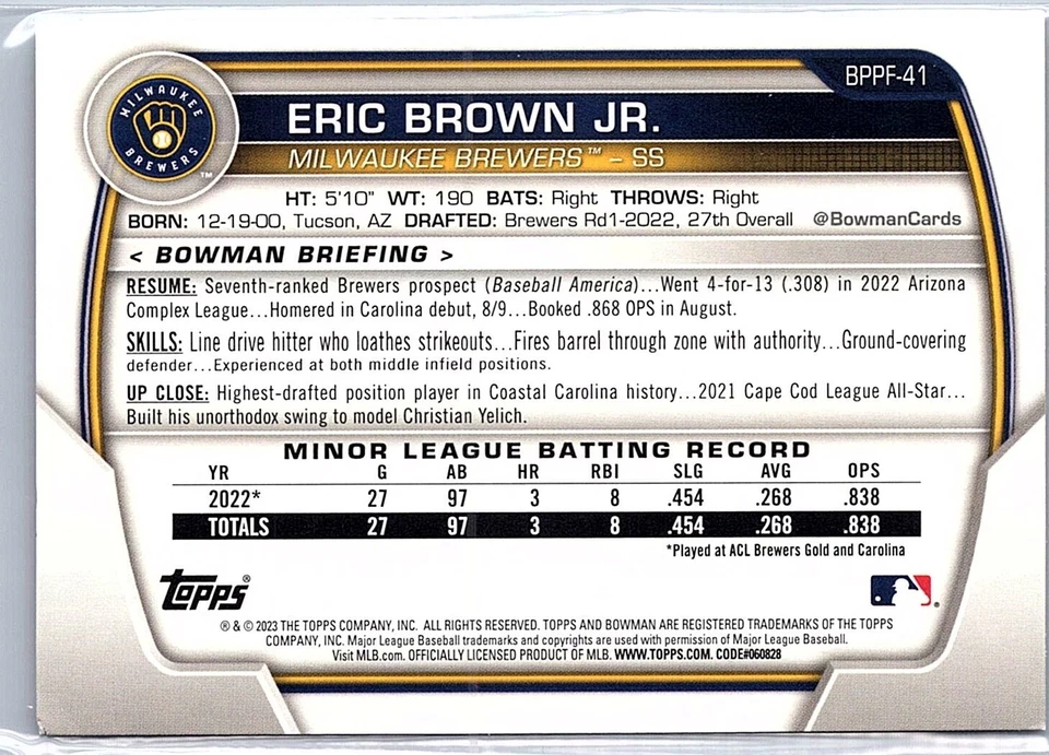 2023 Bowman 1st Edition - Eric Brown Jr #BPPF-41 (RC) - Image 2 of 2