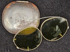 Vintage/Antique Clip On Sunglasses In Metal Case Green Lenses Gold Tone Oval