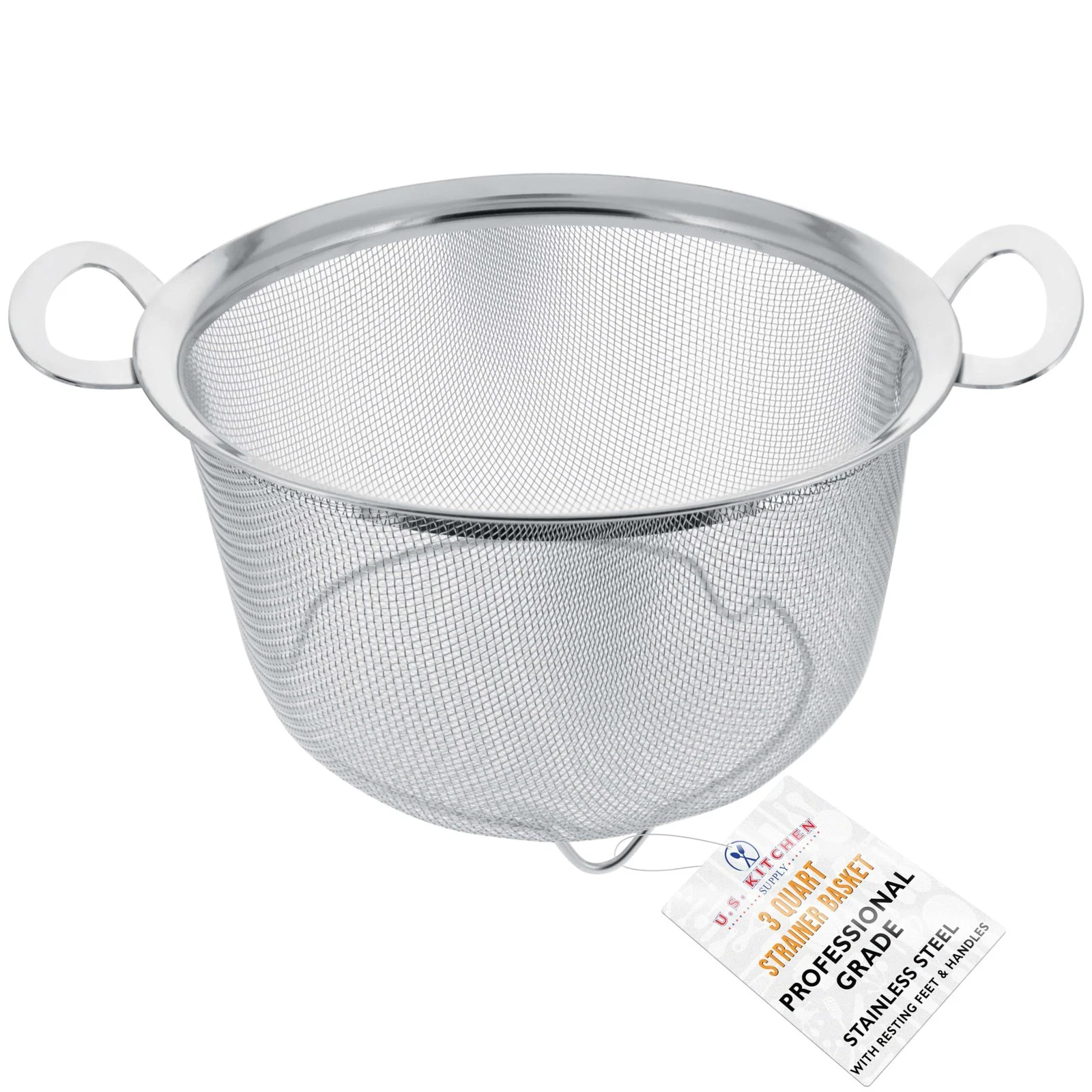Stainless Steel Colander Strainer Basket 3 Quart Wide Rim Sieve Feet & Handles