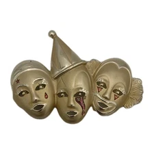 Vintage SIGNED AJC Gold Tone Circus Triple Clowns Crying Teardrops U09
