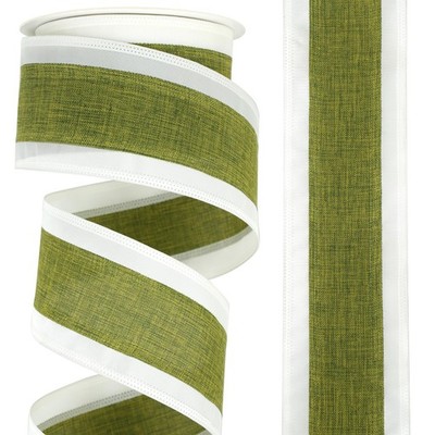 Ivory and Moss Green Wired Ribbon 2.5 Inch x 10 Yards