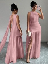Elegant Cloak Sleeve Maxi Dress Split Thigh Ruched Wedding Guest Party
