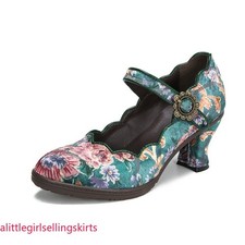 Womens Vintage Mid Block Heel Printed Party Casual Leather Round Toe Pumps Shoes