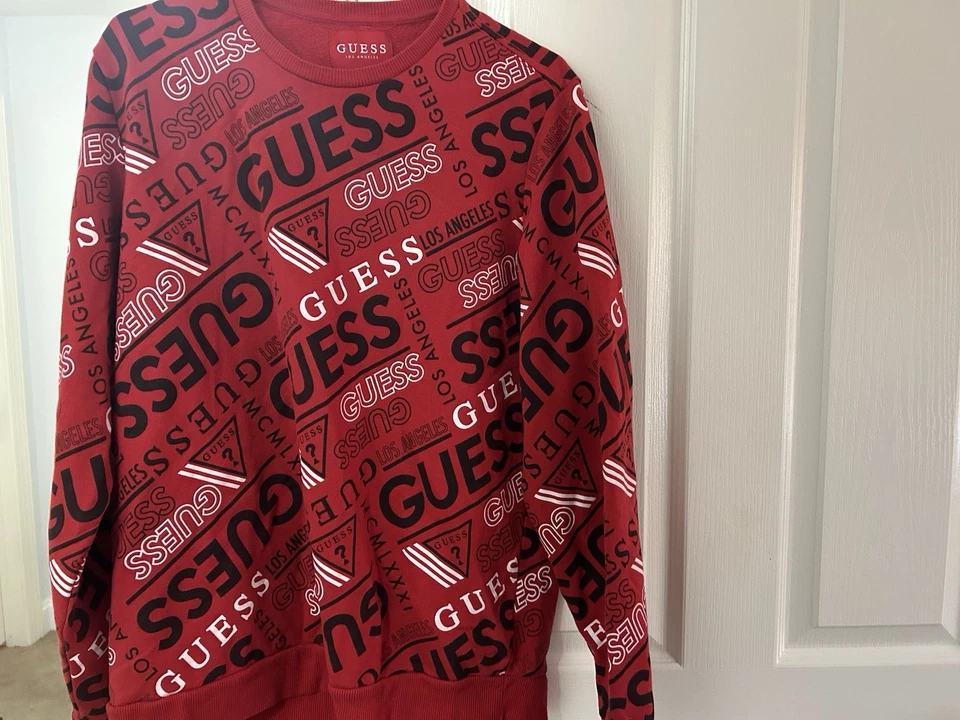 GUESS All Over Print Red Pullover Crewneck Sweatshirt XL - Image 2 of 3