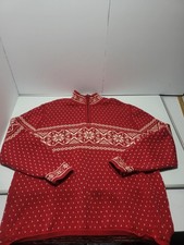 Vintage Lands End Womens Lg Nordic Fair Isle Snowflake Ski Sweater 1/4 Zip Red