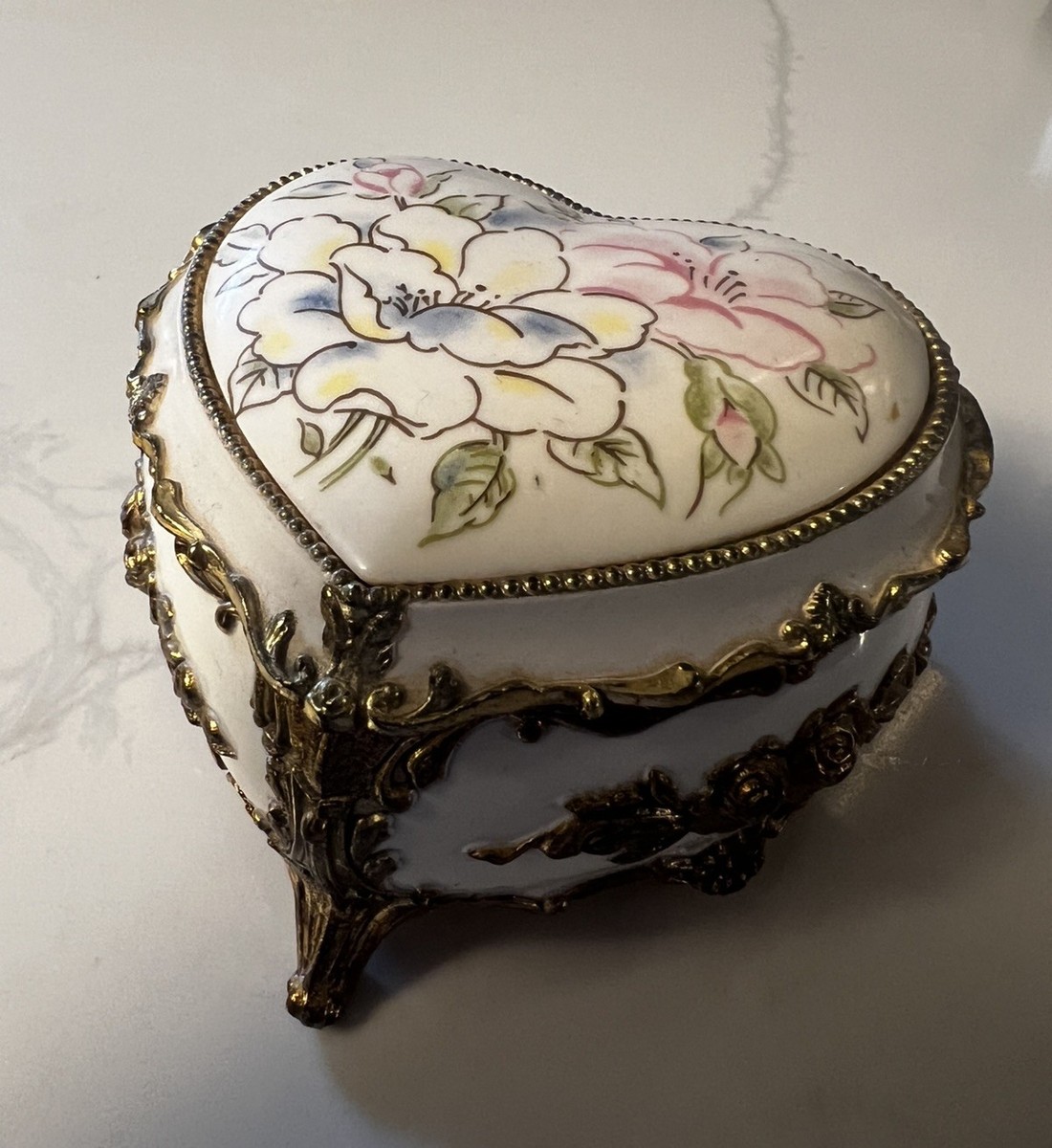 Vintage Love Story Heart Music Box Japan Porcelain Gold Footed