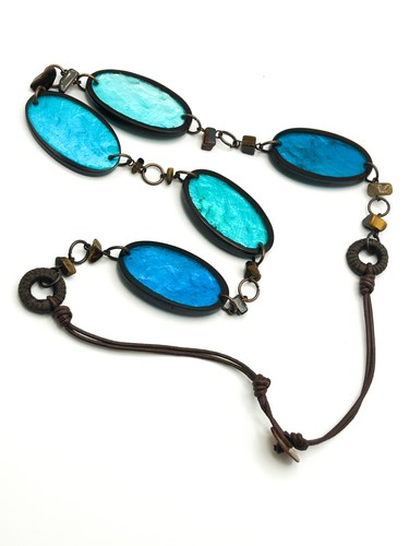 Blue Iridescent Oval Statement Necklace – 33” Cord & Resin