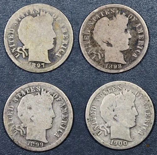 1897-1900 10C BARBER SILVER DIMES Lot of 4 KM# 113 Circulated A6302