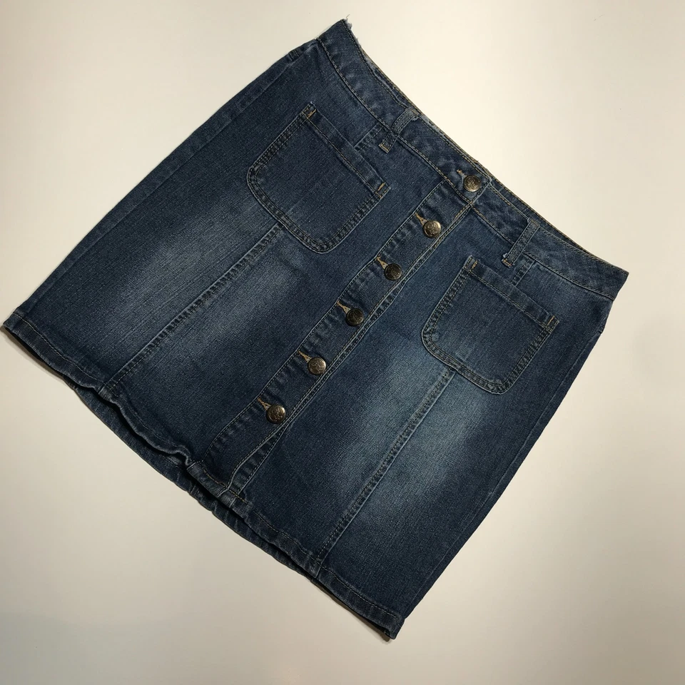 Earl Jean Skirt Womens 8 Mid-Length Fitted Patch Pocket Button Fly Blue Denim - Image 2 of 4