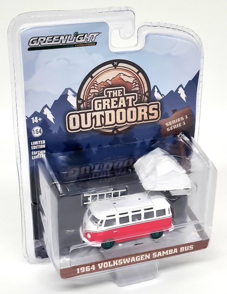 Greenlight 1/64 Volkswagen Samba Bus 1964 Red + Tent Chase Diecast Model Car-image