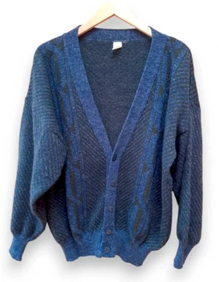 Gilet Vintage Cardigan Homme XL Bleu Torsades Laine Italie Grandpa Core Knit - Photo 1/4