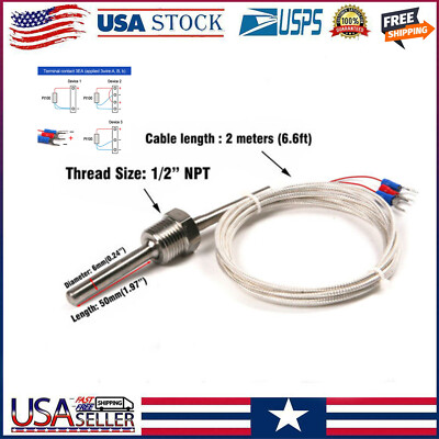 Pt100 Temperature Sensor Probe, 1/2'' Thread with Lead Wire, -50°C to 250°C