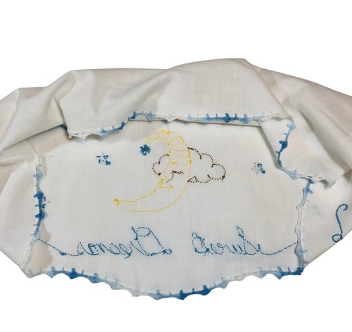 Vtg Embroidered Cotton Pillowcases Sweet Dreams Moon Blue Crochet Trim Set of 2 - Picture 16 of 16