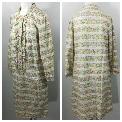 Vintage Floral Shift Dress Size L? 60s 70s Mod Pockets Ruffles Long Sleeve Pink - Picture 2 of 11