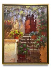 Hungryartist -Original Painting of Front Door &Flowers on Canvas 12x16 Framed