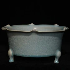 7.5" China Antique Song Porcelain ru kiln Flower mouth Three foot Incense Burner