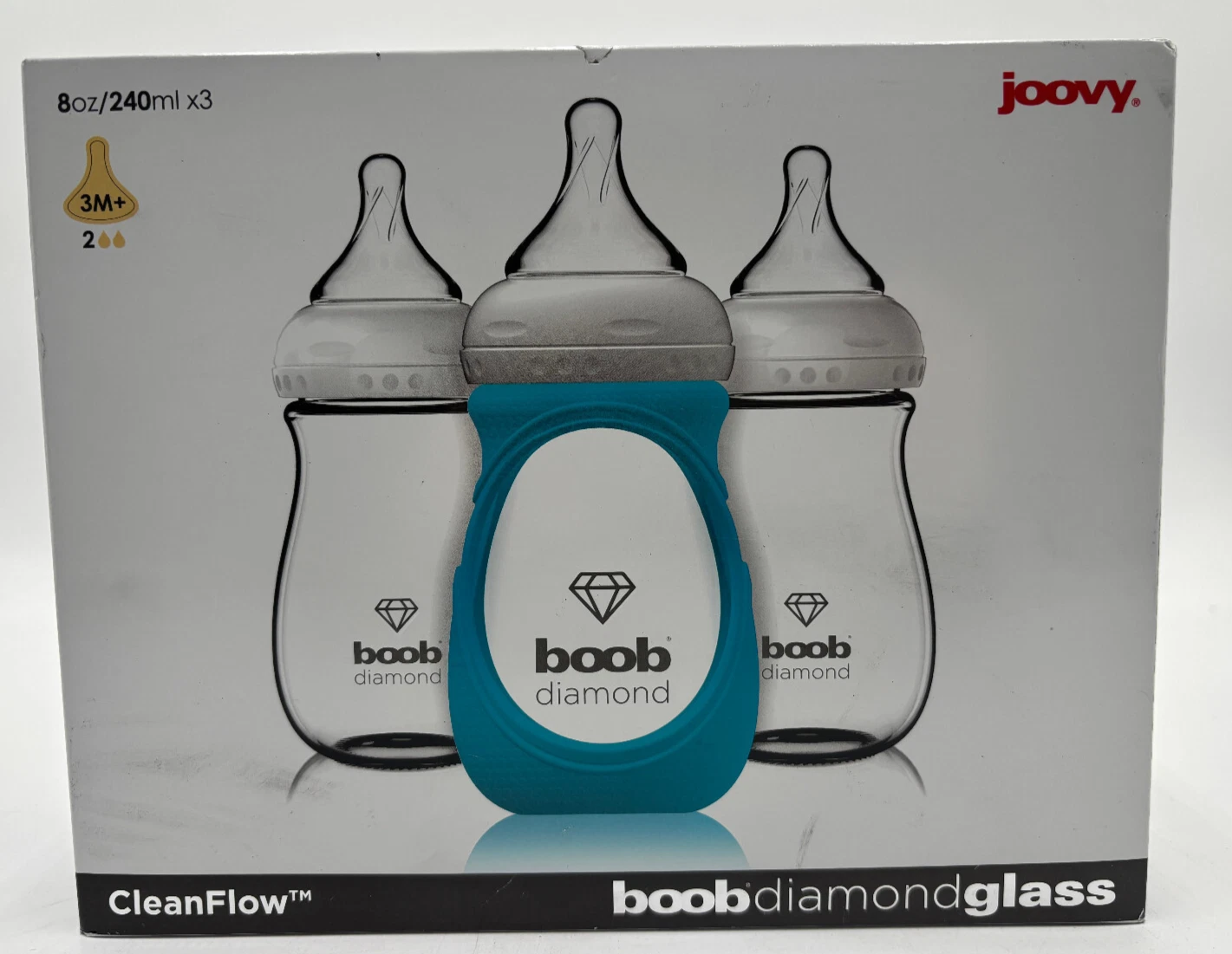 Joovy Boob Diamond Glass Bottles Clean Flow 8oz 3M+