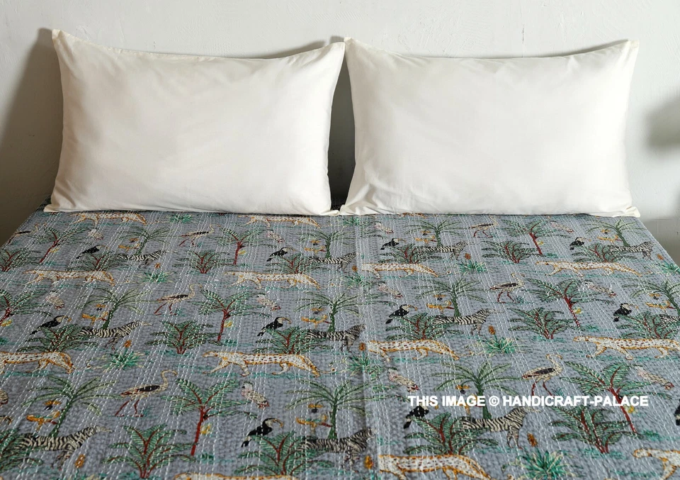 Manta gris hecha a mano con edredón Kantha animal tigre tamaño queen Boho Gudari Foto 3 de 4