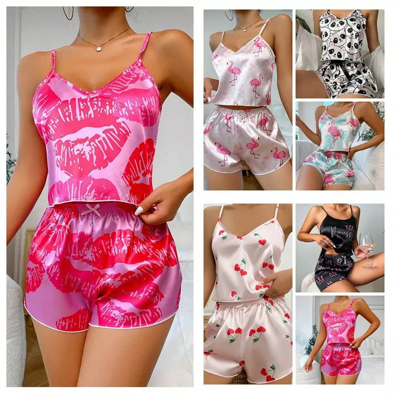 Women Sleepwear Sexy Lingerie Satin Silk Cami Vest Shorts Nightwear Pajamas Set