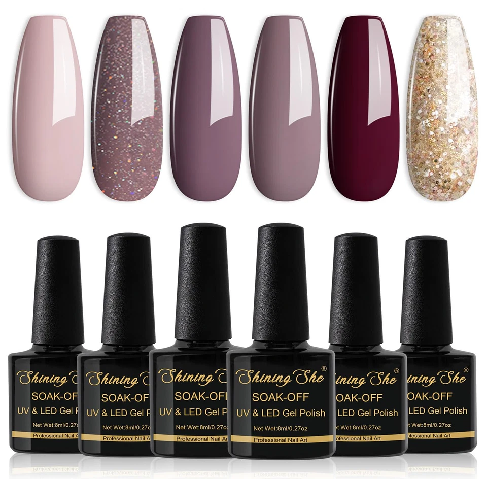 Shining She UV Nagellack Braun 6 Farben Glitzer Matt Dunkelrot Graubraun SoakOff - Bild 2 von 4