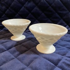Lot x 2 Crown Crystal White Milk Glass Dessert Bowls Diamond Pattern 10cm x 7cm