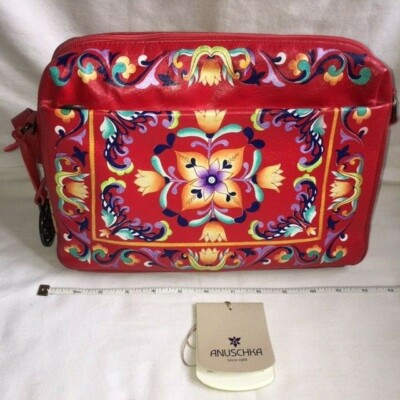 Anuschka Hand Painted RED FLORAL FLOWER Leather Organizer Satchel Bag PURSE  MG