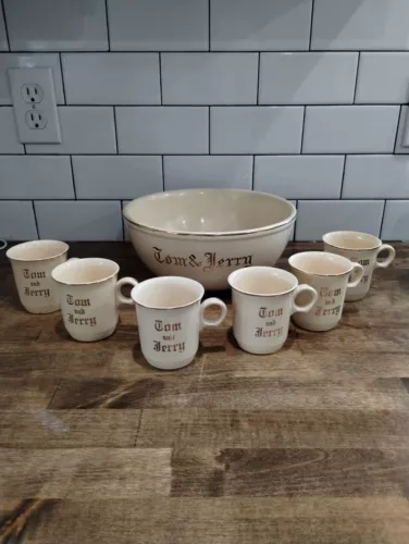 Tom & Jerry Homer Laughlin Punch Bowl Set 6 Cups Ivory Gold Mugs Christmas Vtg